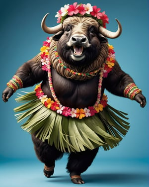  portrait of Dressed animals - a ((fat)) baby musk ox hula dancer,(hula dancing:2.0), (swinging arms :2.0),(happy smile:1.2),high quality,(happy),(lovely) ,intricate details, (furry), highly detailed ((female hula dance costume)) ,highly detailed decorations, wearing (bikini) aloha shirts and flower lei , (happy), studio lighting,(full body image:1.5),simple background,(viewed from side:2.0),(perfect hands)comic book,comic book