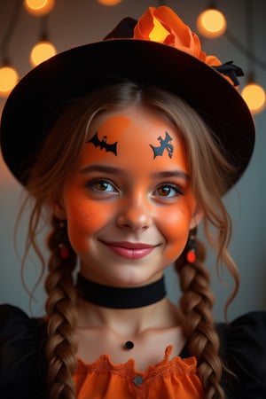 upper body portrait of cute girl with ( pop Halloween  paint on face), (Halloween atmosphere),in Gothic Haloween costume and hat, (happy smile),(gothic),fractal punk, braid hair, matte painting portrait shot, beautiful girl, pink fair skin, she is dressed in Halloween clothes, Pumpkin motif accessories,necklace and earrings, Halloween atmosphere, heavy makeup,orange theme,score_9, score_8_up, score_7_up, score_6_up, score_5_up, score_4_up,maya_model