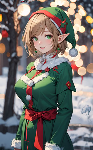 //quality
Masterpiece, ultra detailed, hyper high quality, quality beyond the limits of AI, the ultimate in wisdom, top of the line quality, 8K,
//Character
 elf girl,lovely smile, looking at viewer, large breasts, short hair,light brown pixy hair,streaked hair,multicolored hair,green  eyes, 
//Fashion
 wearing christmas elf's costume, 
//Background,outdoor,snow scenery,christmas decorations, christmas tree,,  shining_sparkle_background,
upper body image , (bokeh:1.3),,1 girl,ChristmasElf