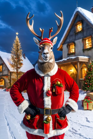 hd,2k,4k,hight quality,A photorealistic, high-resolution ,photorealistic portrait of Dressed animals - a reindeer operator, wearing a construction helmet, holding many Christmas ornaments,standing in front of medieval Santa Claus's house  . The reindeer should look sturdy and unfazed despite the harsh weather conditions. The construction hard hat and face mask should fit well on the reindeer's head,  various elements like cranes, house under construction, both hands are full  of Christmas ornaments  ,Christmas atmosphere,  and perhaps even lightning in the background. The image should capture the drama and urgency of the situation while highlighting the llama's unique presence in this industrial setting,(),happy