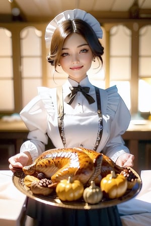 ((best Quality: 1.4)), (Unparalleled Masterpiece), (Ultra High Definition) , (Ultra Realistic 8k CG),(ultra detailed),(maid ),(art by Jean Baptiste Monge),carring and showing a plate of Thanksgiving turkey,(lovely smile),highly detailed (maid clothes), half_apron ,stunningly beautiful , highly detailed beautiful hair , highly detailed hairstyle, cinematic, happy ,in luxury old western house, perfect lighting, Use a backlighting effect to add depth to the image, Anisotropic Filtering, Depth of Field, Maximum clarity and sharpness, ,8 life size , thicc body:0.8 ,perfect anatomy , symmetrical and balanced, beautiful gradient , sharp focus, 4k resolution, golden ratio,(half body image), Beautiful Composition,Realism,Epic,(looking at viewer),Thanksgiving turkey,shining_sparkle_background,(viewed from above),(face close up),realhands