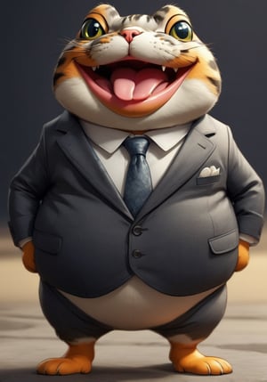  illustration of anthropomorphic (fat)baby (cat) ,(tongue:1.5)(cute), (lovely),dressed in a dark gray suit, (sticking out tongue:1.5),(happy eyes:1.5),(smile:1.8),, soft lighting, Cinematic, hdr, primitive, Intricate, High quality, smoothing tones, Intricate details, Low contrast,(), (looking at viewer:1.5), simple background,comic book