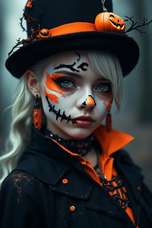 (Best Quality, 8K, 32K, masutepiece:1.3), Ultra-detailed, (Photorealistic:1.4), white colors, albino,15yo Punk Girl with Halloween paint on her face, Detailed eyes, Upper body, Luxurious punk hair, Edgy Halloween fashion,(Halloween atmosphere),in Gothic Haloween costume and hat, Pumpkin motif accessories,necklace and earrings,  Avant-garde Halloween makeup, Numerous piercings,,night sky background, Backlight effect, Shallow depth of field, Blurry background,score_9, score_8_up, score_7_up, score_6_up, score_5_up, score_4_up,