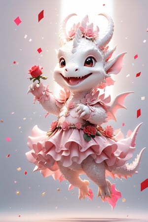  portrait of cute dragon,(dynamic  dancing pose), high quality,(happy atmosphere) ,holding a red rose,smile, , (wind effect), confetti of red roses background,,(full body image:1.5),,,cute dragon,