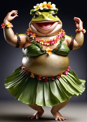 portrait of Dressed animals - a ((fat)) toad hula dancer,(hula dancing:2.0), (dancing pose:1.5),high quality,(happy smile),(lovely),(perfect hands), (detailed beautiful teeth),intricate details, highly detailed ((female hula dance costume)) ,highly detailed decorations, wearing flower lei and bikini, (happy), studio lighting,(full body image:1.5),simple background,(:1.5)(perfect hands:1.5),comic book