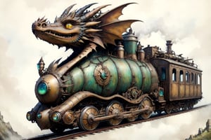 (Best quality, High quality, masterpiece, Watercolor_pencil painting, ligne_claire, Illustration, ), ((stylized art style, painted by Egon Schiele and Gustave Doré and Rembrandt)),, ,image of dragon train,(viewed from below:1.5)