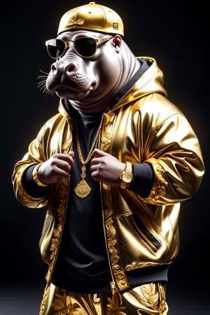  Dressed animals - a (fat) hippo hip hop dancer, ((dancing pose)), god of dance, highly detailed ((hip hop fashion)) , highly detailed accessories , (wearing sunglasses ),wearing a jacket and hoodie delicately depicted with gold leaf detailing, printed onto a substantial and regal coat,Emphasize the intricate application of gold foil to capture the strength and valor of hip hop dancer. Ensure a visually stunning representation that combines the opulence of gold leaf with the historical passion of hip hop , creating a unique and impressive fashion through innovative image generation techniques.",abmhandsomeguy,(full body image:2.0), stadio lighting