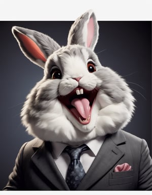 face close up image of anthropomorphic fat angora rabbit,(furry), dressed in a dark gray suit,(front teeth), (sticking out tongue:1.5),(happy smile:1.5),(naughty look), roomlighting, Cinematic, hdr, primitive, Intricate, High quality, smoothing tones, Intricate details, Low contrast,(viewed from side ), (looking up to the side), simple background,comic book