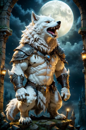 (((Top Quality: 1.4))), (Art by jean baptiste monge),(Unparalleled Masterpiece),(Ultra High Definition),(Ultra-Realistic 8k CG),chiaroscuro,cute white werwolf,king of werwolves, massive mascular body, standing,fluffy body , in dark medieval castle,horror , eerie moon light makes gradient of shadows and adds depth to images, (magic mysterious background,highly detailed baclgound, glowing particles, ethereal fog, faint darkness), hype realistic cover photo awesome full color, Cinematic, (hyper detail: 1.2), perfect anatomy,more detail XL,Leonardo Style,,detailmaster2,((over waist image:1.8)),,realistic,monster,eyes shoot,xxmix_girl