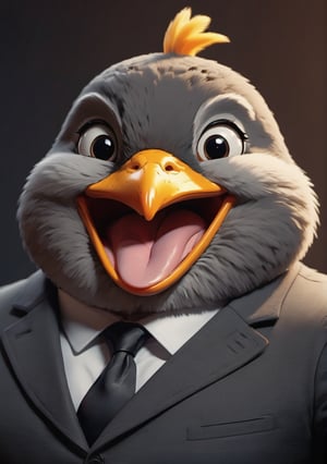 face close up photo of anthropomorphic chick,(tongue), (furry),dressed in a dark gray suit, (sticking out tongue:1.5),(happy smile:1.5),(playful:1.2), soft lighting, Cinematic, hdr, primitive, Intricate, High quality, smoothing tones, Intricate details, Low contrast,(viewed from side:2.0), (looking at viewer:1.5), simple background,comic book