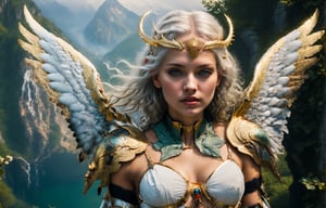 (wide angle),(Aetherpunk style:1.4),8k , ultra quality ,nature,pagan imagery,intricate detailed, female valkyrie ,gold detailed holy armor,intricate detailed wide angelic wings on her back,spreading angelic wings wide,utopia,magic,detailed,mages,outdoors,amazing scenery,(highly detailed:1.2),(ultra realism:1.2), realistic, detailed, textured, skin, platinum white hair, green eyes, by Alex Huguet, Mike Hill, Ian Spriggs, JaeCheol Park, Marek Denko
,detailmaster2,more detail XL,(half body image)