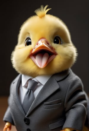 face close up photo of anthropomorphic fat cute baby chick,(beak), dressed in a dark gray suit, (sticking out tongue:1.5),(happy smile:1.5),(playful:1.2), soft lighting, Cinematic, hdr, primitive, Intricate, High quality, smoothing tones, Intricate details, Low contrast,(viewed from side:2.0), (looking to the side:1.5), simple background