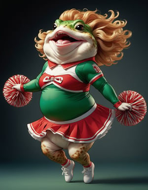 portrait of Dressed animals - a (fat) baby toad cheerleader,(cheer dancing:2.0),(jumping:2.0), high quality,(happy smile:1.2),(lovely) ,intricate details, highly detailed ((cheer costume)) ,highly detailed cheer clothes, holding pom-pom ,(passion) , highly detailed hair ribbon, (happy), studio lighting,(full body image:1.5)comic book