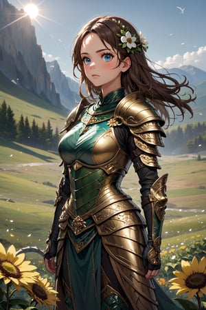 (masterpiece),(best quality),(extremely intricate),(sharp focus),(cinematic lighting),(extremely detailed),A young girl in dragon armor,standing in a meadow of wildflowers. She has long brown hair adorned with wildflowers. Her expression is determined,and her eyes are shining with courage. The sun is shining brightly behind her,casting a golden glow over the scene.,flower4rmor,flower bodysuit,Flower,dragon armor