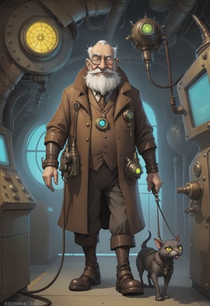 an old man with his giant dethclaw pet on a leash, steampunk happy Funny cartoonish at a complex nuclear control room, by Gediminas Pranckevicius H 704, machinarium style, intricate
