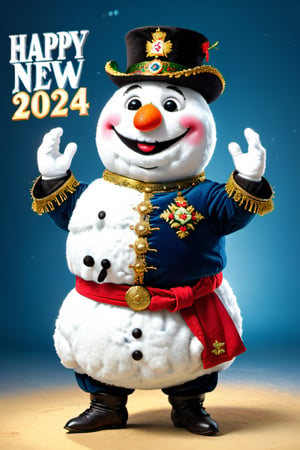 photorealistic portrait of Dressed animals - a fat baby Snowman cossack dancer,((text logo "HAPPY NEW YEAR 2024 ")), (cossack dancing dynamic action pose), high quality,(lovely) ,intricate details, highly detailed ((cossack dance costume)) ,highly detailed decorations,, (happy), studio lighting,(full body image:1.5),IN MATRIX