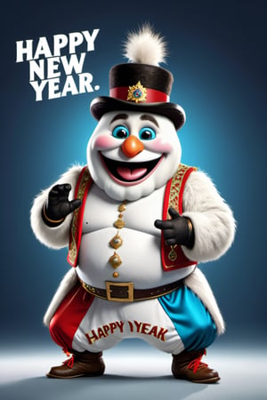 photorealistic portrait of Dressed animals - a fat baby abominable Snowman cossack dancer,((text logo "HAPPY NEW YEAR 2024 ")), (cossack dancing dynamic action pose), high quality,(lovely) ,intricate details, highly detailed ((cossack dance costume)) ,highly detailed decorations,, (happy), studio lighting,(full body image:1.5),IN MATRIX