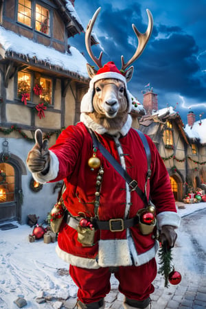 hd,2k,4k,hight quality,A photorealistic, high-resolution ,photorealistic portrait of Dressed animals - a reindeer operator, wearing a construction helmet, holding many Christmas ornaments,standing in front of medieval Santa Claus's house  . The reindeer should look sturdy and unfazed despite the harsh weather conditions. The construction helmet should fit well on the reindeer's head,  various elements like cranes, house under construction, both arms are full  of Christmas ornaments  ,Christmas atmosphere,  and perhaps even lightning in the background. The image should capture the drama and urgency of the situation while highlighting the llama's unique presence in this industrial setting,(thumbs up,selfie:1.5),happy,more detail XL