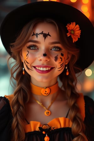 upper body portrait of beautiful girl with ( pop Halloween  paint on face), (Halloween atmosphere),in Gothic Haloween costume and hat, (happy smile),(gothic),fractal punk, braid hair, matte painting portrait shot, beautiful girl, pink fair skin, she is dressed in Halloween clothes, Pumpkin motif accessories,necklace and earrings, Halloween atmosphere, heavy makeup,orange theme,score_9, score_8_up, score_7_up, score_6_up, score_5_up, score_4_up,maya_model