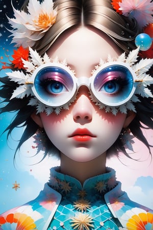 front view, In this mind-bending artwork, a whimsical dreamscape unfolds. A distorted mirror reflects fragmented images of the artist's influences—Araki's intimate photography, Saeki's eroticism, Kusama's polka dots, and Newton's provocative elegance. The central figure, a surreal self-portrait of the artist, stands within the kaleidoscopic vortex, surrounded by floating eyes and distorted faces. The canvas is a riot of color and texture, capturing the intricate dance between consciousness and subconscious influences. This painting invites viewers to explore the depths of their own minds and the eclectic mix of influences that shape their perceptions.

enigmatic beings with ethereal silhouettes, digital dreamscape. Illuminate the scene with the pulse of a celestial bloom,casting hues that bridge both cosmic and cybernetic realms. where the organic and the synthetic collide in a dynamic composition.Integrate augmented reality surprises, fusion of art styles, transcend boundaries and conjure a visual symphony that harmonizes the present elements.wearing snowflake glasses,upper body:1.5,
The works include American Cult Film (cult film), Hot Rod (modified car culture), Rock & Punk and Japanese Ukiyo-e, Nobuyoshi Araki, Toshio Saeki, Rockin' Jelly Bean, Helmut Newton, Kusama Yayoi, Nara Yoshitomo, etc. representative style.
masterpiece artwork, best quality,  
8k, octane render, natural lighting, hyperrealistic, 
3d cartoon, extremely detailed, dynamic angle, 
magic, surreal, fantasy, digital art, UHD, cinematic perfect light,
,retroartstyle,DonMBl00mingF41ryXL ,IncrsDistractedBoyfriendMeme,High detailed ,Ukiyo-e,3D Render Style, in the style of esao andrews,sfglasses