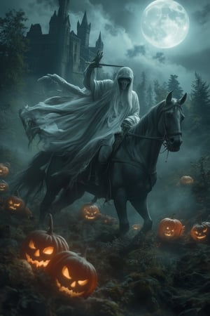 A majestic shot unfolds: a phantom astride a horse, grasping sword and lance, clad in white translucent clothes, The pumpkins' eerie glow illuminates the scene as an ancient castle looms in the distance, The full moon casts an ethereal light, while the dark forest surrounds them with mystery.