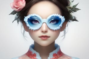 Create a modern-styled portrait of a gentle lady inspired by roses and love, wearing snowflake glasses,utilizing the vibrant color palettes and sleek lines reminiscent of the works by Chinese contemporary artist Zhang Xiaogang.,Enhance,Daughter of Dragon God,Young beauty spirit ,Perfect skin,sfglasees,