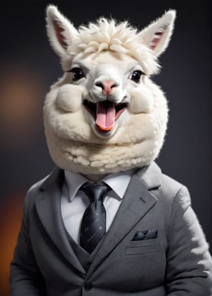 face close up image of anthropomorphic [fat] cute white alpaca,(furry), dressed in a dark gray suit, (sticking out tongue:1.5),(happy smile:1.5),(lowered eyebrows), roomlighting, Cinematic, hdr, primitive, Intricate, High quality, smoothing tones, Intricate details, Low contrast,(viewed from side:2.0), (looking at viewer:1.2), simple background,comic book