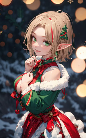 //quality
Masterpiece, ultra detailed, hyper high quality, quality beyond the limits of AI, the ultimate in wisdom, top of the line quality, 8K,
//Character
 elf girl,lovely smile, looking at viewer, large breasts, short hair,light brown pixy hair,streaked hair,multicolored hair,green  eyes, 
//Fashion
 wearing christmas elf's costume, 
//Background,outdoor,snow scenery,christmas decorations, christmas tree,,  shining_sparkle_background,
upper body image , (bokeh:1.3),,1 girl,ChristmasElf,viewed from above