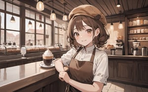 colorful, shine, beautiful-detailed eyes, solo, solo focus, 1girl, disheveled hair, beautiful detailed sky, dynamic angle, dynamic hair, cinematic light, glow white particles,
cafe, brown beret, brown apron,
light smile,

Style - Cozy and Quaint

Background - Charming Café with Rustic Interior

Subject - Barista Wearing a Brown Beret and Apron

View - Inviting Scene Bathed in Morning Sunlight

Appearance - Casual and Approachable

Outfit - Brown Beret and Front-Tie Apron

Pose - Engaged in Café Work, Serving Customers

Details - Steam from Coffee Cups, Display of Pastries

Effects - Warm Morning Sunlight Creating a Comforting Ambiance

Description - "Step into the cozy embrace of a quaint café, where the morning sunlight filters in through the windows, casting a warm and inviting glow. As you enter, your gaze is drawn to the barista behind the counter, a friendly figure wearing a brown beret and an apron tied neatly at the front.

The café's rustic interior complements the barista's attire, creating an atmosphere of comfort and relaxation. The wooden furnishings and warm hues create a harmonious space that seems to welcome guests to linger and enjoy a quiet morning.

The barista's appearance is casual yet stylish, embodying the café's laid-back vibe. The brown beret adds a touch of charm, while the front-tie apron serves as a practical and fashionable addition to the ensemble.

With a skillful hand, the barista works diligently, preparing and serving a variety of hot beverages to customers. The gentle hum of conversation and the rich aroma of freshly brewed coffee fill the air, creating an atmosphere that is both familiar and comforting.

As you watch the barista expertly craft each order, you can't help but be captivated by the steam rising from the cups, creating an almost ethereal quality in the morning sunlight. The display of pastries and baked goods adds to the café's allure, tempting you to indulge in a sweet treat to accompany your drink.

The morning sunlight plays a significant role in enhancing the café's ambiance, bathing everything in a soft and golden glow. It's a scene that invites you to savor the simple pleasures of life – a hot cup of coffee, the warmth of the sun, and the genuine hospitality of the café.

In this corner of tranquility, time seems to slow down, allowing you to fully appreciate the beauty of a peaceful morning. The barista's presence and the café's ambiance come together to create an experience that feels like a warm embrace, a respite from the hustle and bustle of the outside world."


