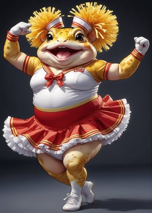 portrait of Dressed animals - a (fat) (baby) toad cheerleader,(cheer dancing:2.0),(jumping:2.0), high quality, (),(happy smile:1.2),(lovely) ,intricate details, highly detailed ((cheer costume)) ,highly detailed cheer clothes, holding pom-pom ,(passion) , highly detailed hair ribbon, (happy), studio lighting,(full body image:1.5)comic book,comic book