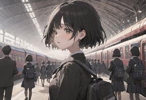 black border,  dynamic angle, masterpiece, best quality, 1girl, solo focus ,school uniform, black hair, upper body,  short hair, serafuku, train station, school bag, crowd,  depth of field