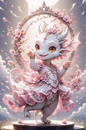  portrait of cute dragon,(dancing pose), high quality,() ,intricate details, highly detailed dress ,smile,highly detailed flower decorations, long tail , (wind effect), cherry_blossom background,sun light,(full body image:1.5),more detail XL,,cute dragon,sticker