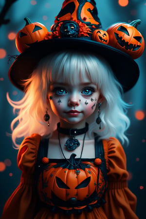 (Best Quality, 8K, 32K, masutepiece:1.3), Ultra-detailed, (Photorealistic:1.4), white colors, albino,12yo Girl with Halloween heavy paint on her face, Detailed eyes, Upper body, Luxurious punk hair, Edgy Halloween fashion,(Halloween atmosphere),in Gothic Haloween costume and hat, Pumpkin motif accessories,necklace and earrings,  Avant-garde Halloween makeup, Numerous piercings,,night sky background, Backlight effect, Shallow depth of field, Blurry background,score_9, score_8_up, score_7_up, score_6_up, score_5_up, score_4_up,