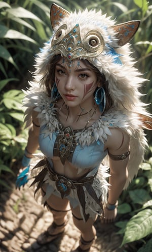 fashion photography portrait of 1girl, princess mononoke,(wearing (princess mononoke coscume)),standing,face paint,muscular body,slim abs,in blue lush jungle with flowers , 3d render, cgi, symetrical, octane render, 35mm, bokeh, 9:16, (intricate details:1.12), hdr, (intricate details, hyperdetailed:1.15), (natural skin texture, hyperrealism, soft light, sharp:1.2),(full body image:1.5),realistic,realism,photorealistic,Masterpiece,nargacuga armor,Realism,More Detail,princessmononoke,character,1 girl,(viewed from above:1.25),