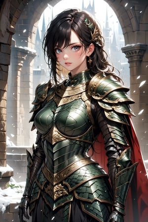 Beautiful 27 year old woman, (brown eyes), ((strong physique body)), (black hair), long_hair: 1.3, , bangs, (serious look), hourglass body shape, detailed eyes, normal breasts quality, slim waist, (strong physique), , gauntlets, (detailed armor), lower body armor, black cape, broken stone floor, broken stone wall, snow falling, ((upper-body_portrait)), (evil aura around her), Commander of knights,dragon armor