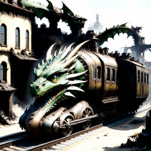  (masterpiece), (best quality),,  dragon train on railroads ,buildings , in Wasteland,  post-apocalyptic world, ((viewed from front:1.9)), 
,more detail XL