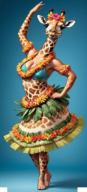  portrait of Dressed animals - a ((fat)) cute giraffe hula dancer,(hula dancing:2.0), (swinging arms :2.0),(happy smile:1.2),high quality,(happy),(lovely) ,intricate details, (furry), highly detailed ((female hula dancer's costume)) ,highly detailed decorations, wearing (bikini) and flower lei , (happy), studio lighting,(full body image:1.5),simple background,(viewed from side:2.0),comic book