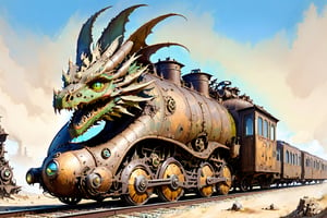  (masterpiece), (best quality),,  dragon train on railroads , , Wasteland,  post-apocalyptic world, (viewed from below:1.9), wide angle:1.5,
,dragon train