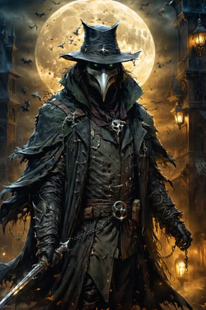 (((Top Quality: 1.4))), (Art by Todd McFarlane and Greg Capullo),Spawn comic style,(Unparalleled Masterpiece),(Ultra High Definition),(Ultra-Realistic 8k CG),chiaroscuro,Plague Doctor,detailed Plague Doctor's clothes ,wearing plague doctor's mask and hat , in dark medieval street,creepy atmosphere, eerie moon light penetrating makes gradient of shadows and adds depth to images, (magic mysterious background,highly detailed baclgound, glowing particles, ethereal fog, faint darkness), hype realistic cover photo awesome full color, Cinematic, (hyper detail: 1.2), perfect anatomy,more detail XL,Leonardo Style,,detailmaster2,((over waist image:1.8)),oil painting