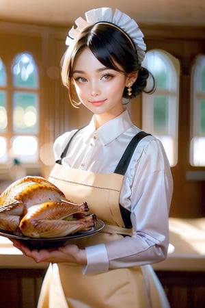 ((best Quality: 1.4)), (Unparalleled Masterpiece), (Ultra High Definition) , (Ultra Realistic 8k CG),(ultra detailed),(maid ),(art by Jean Baptiste Monge),carring and showing a plate of Thanksgiving turkey,(lovely smile),highly detailed (maid clothes), half_apron ,stunningly beautiful , highly detailed beautiful hair , highly detailed hairstyle, cinematic, happy ,in luxury old western house, perfect lighting, Use a backlighting effect to add depth to the image, Anisotropic Filtering, Depth of Field, Maximum clarity and sharpness, ,8 life size , thicc body:0.8 ,perfect anatomy , symmetrical and balanced, beautiful gradient , sharp focus, 4k resolution, golden ratio,(half body image), Beautiful Composition,Realism,Epic,Thanksgiving turkey,shining_sparkle_background,(looking at viewer),(viewed from above),realhands