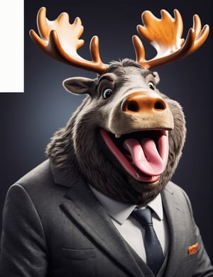 face close up photo of anthropomorphic moose,(tongue), (furry),dressed in a dark gray suit, (sticking out tongue:1.5),(happy smile:1.5),(playful:1.2), soft lighting, Cinematic, hdr, primitive, Intricate, High quality, smoothing tones, Intricate details, Low contrast,(viewed from side:2.0), (looking at viewer:1.5), simple background,comic book