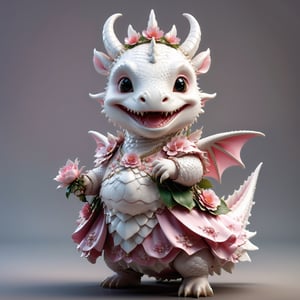 photorealistic portrait of Dressed animals - a fat baby white dragon maid,(dancing pose), high quality,(lovely) ,intricate details, highly detailed pink((princess dress)) ,smile,highly detailed flower decorations, long tail , (happy ), studio lighting,(half body image:1.5),more detail XL,(viewed from side:2.0),cute dragon