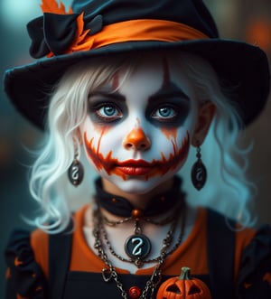 (Best Quality, 8K, 32K, masutepiece:1.3), Ultra-detailed, (Photorealistic:1.4), white colors, albino,12yo cute Girl with Halloween heavy paint on her face, child-like face, Detailed eyes, Upper body, Luxurious punk hair, Edgy Halloween fashion,(Halloween atmosphere),in Gothic Haloween costume and hat, Pumpkin motif accessories,necklace and earrings,  Avant-garde Halloween makeup, Numerous piercings,,night sky background, Backlight effect, Shallow depth of field, Blurry background,score_9, score_8_up, score_7_up, score_6_up, score_5_up, score_4_up,