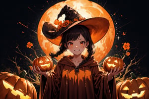   absurdres, highres, ultra detailed, (1girl:1.3), kawaiiBREAK  ,,(carries Jack o'lanterns ),(( orange witch's big hat and orange intricate robe)), shining eyes , twin_braid , black hair , little girl, 10 years old,(lovely smile),happy Halloween atmosphere, fluid textures,,moonlight,intricate details, 32k digital painting, hyperrealism, (vivid color,abstract background:1.3, colorful:1.3, flowers:1.2, pumpkins:1.1,zentangle:1.2, fractal art:1.1) , parted bangs, SUPER HIGH quality, in 8K , intricate detail, ultra-detailed,(action pose:1.5),(upper body image:1.5),realhands
