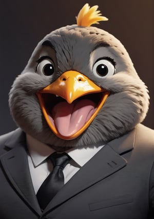 face close up photo of anthropomorphic chick,(tongue), (furry),dressed in a dark gray suit, (sticking out tongue:1.5),(happy smile:1.5),(playful:1.2), soft lighting, Cinematic, hdr, primitive, Intricate, High quality, smoothing tones, Intricate details, Low contrast,(viewed from side:2.0), (looking at viewer:1.5), simple background,comic book