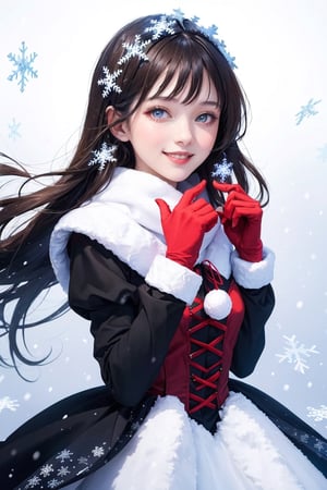 Christmas theme:1.5,portrait of a beautiful swiss girl,lovely smile:1.2,wearing gothic christmas dress,bizarre,floral,Luminous,(christmas atmosphere), snowflakes ,snow falling,shining_sparkle_background