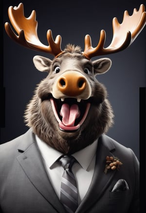 face close up photo of anthropomorphic moose,(tongue), (furry),dressed in a dark gray suit, (sticking out tongue:1.5),(happy smile:1.5),(playful:1.2), soft lighting, Cinematic, hdr, primitive, Intricate, High quality, smoothing tones, Intricate details, Low contrast,(viewed from side:2.0), (looking at viewer:1.5), simple background,comic book