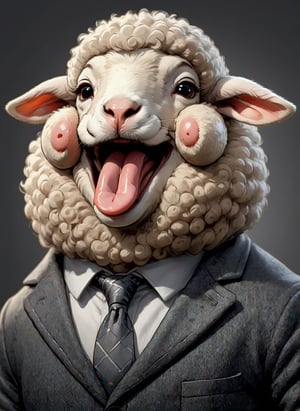face close up image of anthropomorphic baby sheep,(tongue), (furry),dressed in a dark gray suit, (sticking out tongue:1.5),(happy smile),(innocent:1.2), soft lighting, Cinematic, hdr, primitive,smooth cheek , High quality, smoothing tones, primitive, Low contrast,(viewed from side), (looking to the side), simple background,comic book