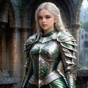 European style, fantasy, solo, cute girl, wearing dragon armor, white & silver long hair, faithing,, ruins background,(upper body:1.5) , (masterpiece), (best quality), (ultra-detailed), (an extremely delicate and beautiful), ((textile shading)), (caustics), (((sharp focus))),dragon armor,more detail XL