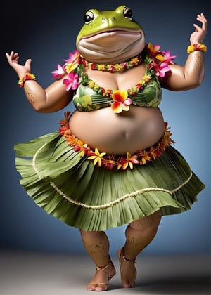 portrait of Dressed animals - a ((fat)) toad hula dancer,(hula dancing:2.0), (dancing pose:1.5),high quality,(closed mouth),(lovely),(perfect hands), ,intricate details, highly detailed ((female hula dance costume)) ,highly detailed decorations, wearing flower lei and bikini, (happy), studio lighting,(full body image:1.5),simple background,(:1.5)(perfect hands:1.5),comic book
